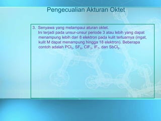 Pengecualian Akturan Oktet
3. Senyawa yang melampaui aturan oktet.
Ini terjadi pada unsur-unsur periode 3 atau lebih yang dapat
menampung lebih dari 8 elektron pada kulit terluarnya (ingat,
kulit M dapat menampung hingga 18 elektron). Beberapa
contoh adalah PCl5, SF6, ClF3, IF7, dan SbCl5.
 