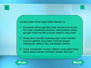 Konsep Ikatan Kimia dapat diihat dibawah ini:
1. Kenyataan bahwa gas-gas mulia (He,Ne,Ar,Kr,Xe,dan
Rn) sukar membentuk senyawa mwmbuktikan bahwa
gas-gas mulia memiliki susunan elektron yang stabil.
2. Setiap atom memiliki kecenderungan untuk memiliki
susunan elektron yang stabil. Caranya dengan
melepaskan elektron atau menangkap elektron.
3. Untuk memperoleh susunan elektron yang stabil hanya
dapat dicapai dengan berikatan dengan atom lain.
NextPrev
 
