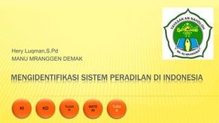 MENGIDENTIFIKASI SISTEM PERADILAN DI INDONESIA
Hery Luqman,S.Pd
MANU MRANGGEN DEMAK
TUJUA
N
KD
KI TUGA
S
MATE
RI
 
