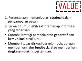 1. Perencanaan memanipulasi strategi dalam
penyampaian pesan.
2. Siswa dituntut lebih aktif terhadap informasi
yang diberikan.
• Contoh: Strategi pembelajaran generatif dan
komunikasi struktural.
• Memberi tugas diskusi berkelompok, dengan
memberikan jalur feedback, atau memberikan
ringkasan diakhir pertemuan.
VALUE
 