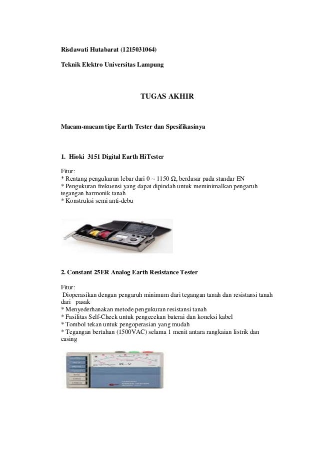 Macam-macam tipe Earth Tester dan Spesifikasinya