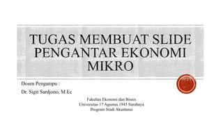 Dosen Pengampu :
Dr. Sigit Sardjono, M.Ec
Fakultas Ekonomi dan Bisnis
Universitas 17 Agustus 1945 Surabaya
Program Studi Akuntansi
 
