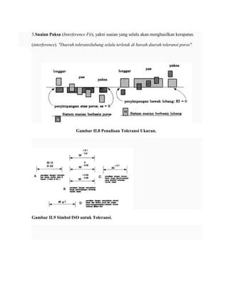 3.Suaian Paksa (Interference Fit), yakni suaian yang selalu akan menghasilkan kerapatan.
(interference). "Daerah toleransilubang selalu terletak di bawah daerah toleransi poros".
Gambar II.8 Penulisan Toleransi Ukuran.
Gambar II.9 Simbol ISO untuk Toleransi.
 