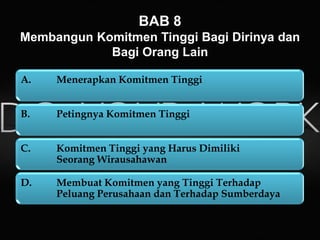 BAB 8
Membangun Komitmen Tinggi Bagi Dirinya dan
Bagi Orang Lain
A. Menerapkan Komitmen Tinggi
B. Petingnya Komitmen Tinggi
C. Komitmen Tinggi yang Harus Dimiliki
Seorang Wirausahawan
D. Membuat Komitmen yang Tinggi Terhadap
Peluang Perusahaan dan Terhadap Sumberdaya
 