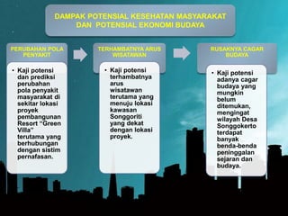 PERUBAHAN POLA
PENYAKIT
• Kaji potensi
dan prediksi
perubahan
pola penyakit
masyarakat di
sekitar lokasi
proyek
pembangunan
Resort “Green
Villa”
terutama yang
berhubungan
dengan sistim
pernafasan.
TERHAMBATNYA ARUS
WISATAWAN
• Kaji potensi
terhambatnya
arus
wisatawan
terutama yang
menuju lokasi
kawasan
Songgoriti
yang dekat
dengan lokasi
proyek.
RUSAKNYA CAGAR
BUDAYA
• Kaji potensi
adanya cagar
budaya yang
mungkin
belum
ditemukan,
mengingat
wilayah Desa
Songgokerto
terdapat
banyak
benda-benda
peninggalan
sejaran dan
budaya.
DAMPAK POTENSIAL KESEHATAN MASYARAKAT
DAN POTENSIAL EKONOMI BUDAYA
 
