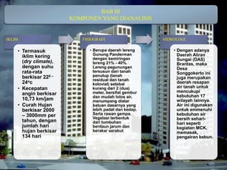 BAB III
KOMPONEN YANG DIANALISIS
IKLIM
• Termasuk
iklim kering
(dry climate),
dengan suhu
rata-rata
berkisar 220 –
24oc
• Kecepatan
angin berkisar
10,73 km/jam
• Curah Hujan
berkisar 2000
– 3000mm per
tahun, dengan
jumlah hari
hujan berkisar
134 hari
FISIOGRAFI
• Berupa daerah lereng
Gunung Panderman
dengan kemiringan
lereng 21% - 40%.
Lereng pegunungan
tersusun dari tanah
penutup (tanah
residual dan tanah
kolovial) setebal
kurang dari 2 (dua)
meter, bersifat gembur
dan mudah lolos air,
menumpang diatar
batuan dasarnya yang
lebih padat dan kedap.
Serta rawan gempa.
Vegetasi terbentuk
dari tumbuhan
berdaun jarum dan
berakar serabut
HIDROLOGI
• Dengan adanya
Daerah Aliran
Sungai (DAS)
Brantas, maka
Desa
Songgokerto ini
juga merupakan
daerah resapan
air tanah untuk
mencukupi
kebutuhan 17
wilayah lainnya.
Air ini digunakan
untuk emmenuhi
kebutuhan air
bersih sehari-
hari seperti
kegiatan MCK,
memasak,
pengairan kebun.
 