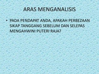 ARAS MENGANALISIS
• PADA PENDAPAT ANDA, APAKAH PERBEZAAN
SIKAP TANGGANG SEBELUM DAN SELEPAS
MENGAHWINI PUTERI RAJA?
 