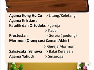 Agama Kong Hu Cu > Litang/Keletang
Agama Kristian :
Katolik dan Ortodoks > gereja
> Kapel
Prostestan > Gereja ( gedung)
Mormon (Orang suci Zaman Akhir)
> Gereja Mormon
Saksi-saksi Yehuwa > Balai Kerajaan
Agama Yahudi > Sinagoga