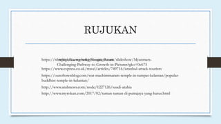 RUJUKAN
http://www.myrokan.com/2017/02/taman-taman-di-putrajaya-yang-harus.html
http://www.arabnews.com/node/1227126/saudi-arabia
https://www.express.co.uk/travel/articles/749716/istanbul-attack-tourism
https://outoftownblog.com/wat-machimmaram-temple-in-tumpat-kelantan/popular-
buddhist-temple-in-kelantan/
https://nl.wikipedia.org/wiki/Sungai_Petanihttps://www.strategy-business.com/slideshow/Myanmars-
Challenging-Pathway-to-Growth-in-Pictures?gko=0c675