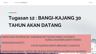Confidential Customized for Lorem Ipsum LLC Version 1.0
Tugasan 12 : BANGI-KAJANG 30
TAHUN AKAN DATANG
NAMA AHLI KUMPULAN : SABARIAH BT MOHD HARIS ( A159821)
NURUL SHAMIERA BINTI MOHD
NORIZAN(A160427)
FATIN NAZIRAH BINTI IBRAHIM ( A160193)
NAMA PENSYARAH : DATO’ DR. IR RIZA ATIQ ABDULLAH BIN O.K. RAHMAT
 