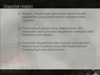 Dapatan kajian Respon / tingkah laku pasangan dari kumpulan eksperimen yang positif semasa melaksanakan tugasan. Proses kerja/tugasan yang dilaksanakan oleh responden dari kumpulan eksperimen kelihatan lebih berstruktur dan teratur. Kumpulan eksperimen menunjukkan peningkatan kerjasama/komunikasi yang lebih baik/berkesan berbanding kumpulan kawalan. 