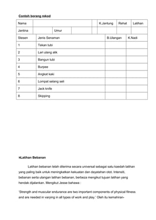 Contoh borang rekod
Nama K.Jantung Rehat Latihan
Jantina Umur
Stesen Jenis Senaman B.Ulangan K.Nadi
1 Tekan tubi
2 Lari ulang alik
3 Bangun tubi
4 Burpee
5 Angkat kaki
6 Lompat selang seli
7 Jack knife
8 Skipping
Latihan Bebanan
Latihan bebanan telah diterima secara universal sebagai satu kaedah latihan
yang paling baik untuk meningkatkan kekuatan dan dayatahan otot. Intensiti,
bebanan serta ulangan latihan bebanan, berbeza mengikut tujuan latihan yang
hendak dijalankan. Mengikut Jesse bahawa :
‘Strength and muscular endurance are two important components of physical fitness
and are needed in varying in all types of work and play.’ Oleh itu kemahiran-
 
