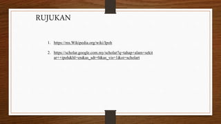 1. https://ms.Wikipedia.org/wiki/Ipoh
2. https://scholar.google.com.my/scholar?q=tahap+alam+sekit
ar++ipoh&hl=en&as_sdt=0&as_vis=1&oi=scholart
RUJUKAN
 