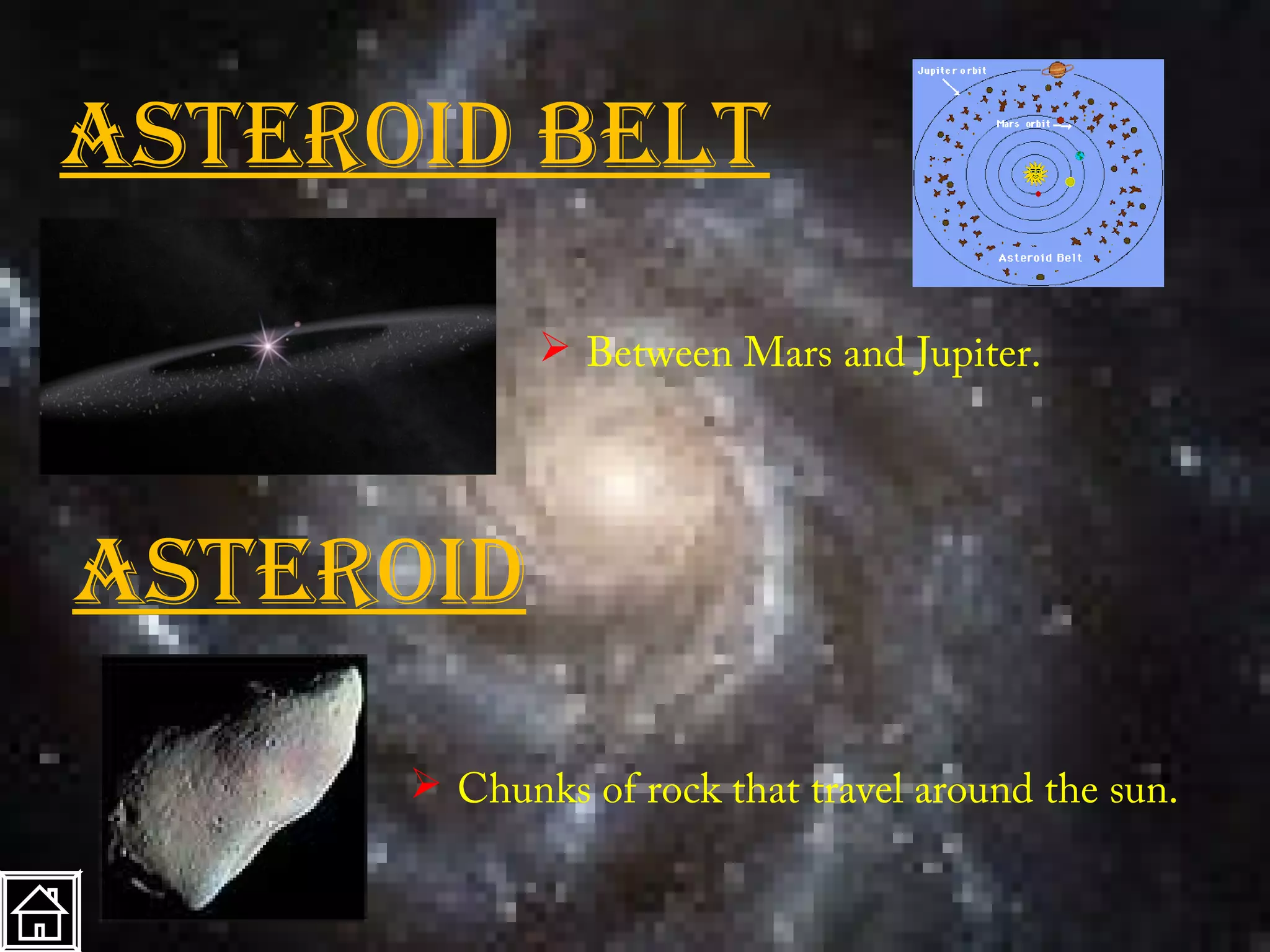 aSterOid belt

              Between Mars and Jupiter.




aSterOid

       Chunks of rock that travel around the sun.
 