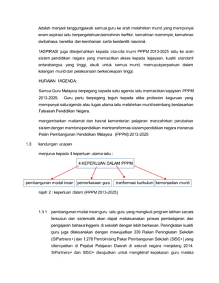 Adalah menjadi tanggungjawab semua guru ke arah melahirkan murid yang mempunyai
enam aspirasi iaitu berpengetahuan,kemahiran berfikir, kemahiran memimpin, kemahiran
dwibahasa, beretika dan kerohanian serta beridentiti nasional.
1ASPIRASI juga diterjemahkan kepada cita-cita murni PPPM 2013-2025 iaitu ke arah
sistem pendidikan negara yang memastikan akses kepada kejayaan, kualiti standard
antarabangsa yang tinggi, ekuiti untuk semua murid, memupukperpaduan dalam
kalangan murid dan pelaksanaan berkecekapan tinggi.
HURAIAN 1AGENDA:
Semua Guru Malaysia berpegang kepada satu agenda iaitu memastikan kejayaan PPPM
2013-2025. Guru perlu berpegang teguh kepada etika profesion keguruan yang
mempunyai satu agenda atau tugas utama iaitu melahirkan murid seimbang berdasarkan
Falsasah Pendidikan Negara.
mengambarkan matlamat dan hasrat kementerian pelajaran menzahirkan perubahan
sistem dengan membinapendidikan mentransformasisistem pendidikan negara menerusi
Pelan Pembangunan Pendidikan Malaysia (PPPM) 2013-2025
1.3 kandungan ucapan
menjurus kepada 4 keperluan utama iaitu :
4 KEPERLUAN DALAM PPPM
pembangunan modal insan pemerkasaan guru tranformasi kurikulum kemenjadian murid
rajah 2 : keperluan dalam (PPPM 2013-2025)
1.3.1 pembangunan modal insan guru iaitu guru yang mengikuti program latihan secara
tersusun dan sistematik akan dapat melaksanakan proses pembelajaran dan
pengajaran bahasa Inggeris di sekolah dengan lebih berkesan. Peningkatan kualiti
guru juga dilaksanakan dengan mewujudkan 339 Rakan Peningkatan Sekolah
(SiPartners+) dan 1,278 Pembimbing Pakar Pembangunan Sekolah (SISC+) yang
ditempatkan di Pejabat Pelajaran Daerah di seluruh negara menjelang 2014.
SiPartners+ dan SISC+ diwujudkan untuk mengiktiraf kepakaran guru melalui
 