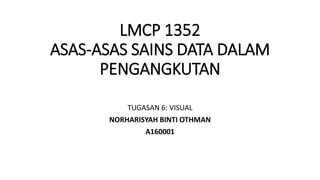 LMCP 1352
ASAS-ASAS SAINS DATA DALAM
PENGANGKUTAN
TUGASAN 6: VISUAL
NORHARISYAH BINTI OTHMAN
A160001
 
