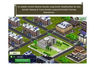 Ini adalah contoh lakaran bandar yang boleh diaplikasikan ke atas
bandar Kajang di mana bandar yang berteraskan konsep
Kelestarian.
 