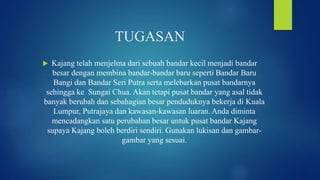 TUGASAN
 Kajang telah menjelma dari sebuah bandar kecil menjadi bandar
besar dengan membina bandar-bandar baru seperti Bandar Baru
Bangi dan Bandar Seri Putra serta melebarkan pusat bandarnya
sehingga ke Sungai Chua. Akan tetapi pusat bandar yang asal tidak
banyak berubah dan sebahagian besar penduduknya bekerja di Kuala
Lumpur, Putrajaya dan kawasan-kawasan luaran. Anda diminta
mencadangkan satu perubahan besar untuk pusat bandar Kajang
supaya Kajang boleh berdiri sendiri. Gunakan lukisan dan gambar-
gambar yang sesuai.
 