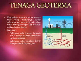 TENAGA GEOTERMA
• Merupakan antara sumber tenaga
hijau yang mempunyai kadar
pelepasan gas karbon rendah selain
kadar kebergantungan dan bekalan
sedia ada yang tinggi.
• Kegunaan:
• Sekiranya suhu kurang daripada
150˚C tenaga ini dapat membantu
proses memasak.
• Sekiranya suhu melebihi 200˚C
tenaga elektrik dapat di jana.
 