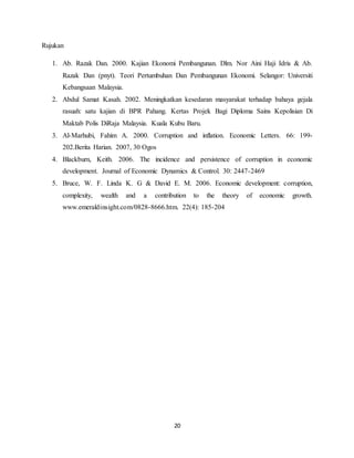 20
Rujukan
1. Ab. Razak Dan. 2000. Kajian Ekonomi Pembangunan. Dlm. Nor Aini Haji Idris & Ab.
Razak Dan (pnyt). Teori Pertumbuhan Dan Pembangunan Ekonomi. Selangor: Universiti
Kebangsaan Malaysia.
2. Abdul Samat Kasah. 2002. Meningkatkan kesedaran masyarakat terhadap bahaya gejala
rasuah: satu kajian di BPR Pahang. Kertas Projek Bagi Diploma Sains Kepolisian Di
Maktab Polis DiRaja Malaysia. Kuala Kubu Baru.
3. Al-Marhubi, Fahim A. 2000. Corruption and inflation. Economic Letters. 66: 199-
202.Berita Harian. 2007, 30 Ogos
4. Blackburn, Keith. 2006. The incidence and persistence of corruption in economic
development. Journal of Economic Dynamics & Control. 30: 2447-2469
5. Bruce, W. F. Linda K. G & David E. M. 2006. Economic development: corruption,
complexity, wealth and a contribution to the theory of economic growth.
www.emeraldinsight.com/0828-8666.htm. 22(4): 185-204
 