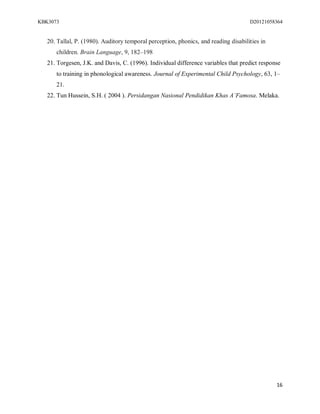 KBK3073                                                                              D20121058364


   20. Tallal, P. (1980). Auditory temporal perception, phonics, and reading disabilities in
      children. Brain Language, 9, 182–198
   21. Torgesen, J.K. and Davis, C. (1996). Individual difference variables that predict response
      to training in phonological awareness. Journal of Experimental Child Psychology, 63, 1–
      21.
   22. Tun Hussein, S.H. ( 2004 ). Persidangan Nasional Pendidikan Khas A’Famosa. Melaka.




                                                                                               16
 