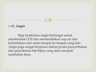  
 E. Angin 
Bagi tumbuhan angin berfungsi untuk 
membentuk CO2 dan memindahkan uap air dan 
kelembaban dari suatu tempat ke tempat yang lain. 
Angin juga sangat berperan dalam proses penyerbukan 
dan penyebaran biji-bijian yang akan menjadi 
tumbuhan baru. 
 