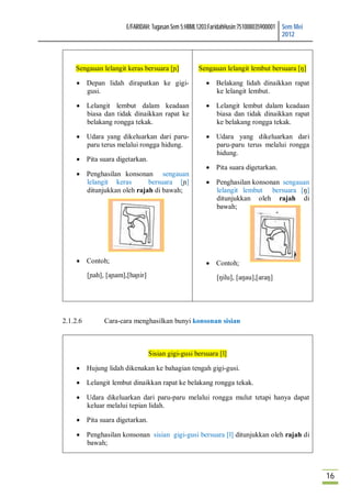 E/FARIDAH: Tugasan Sem 5:HBML1203:FaridahHusin:751008035900001 Sem Mei
                                                                                      2012



    Sengauan lelangit keras bersuara [ɲ]            Sengauan lelangit lembut bersuara [ŋ]

      Depan lidah dirapatkan ke gigi-                  Belakang lidah dinaikkan rapat
       gusi.                                             ke lelangit lembut.

      Lelangit lembut dalam keadaan                    Lelangit lembut dalam keadaan
       biasa dan tidak dinaikkan rapat ke                biasa dan tidak dinaikkan rapat
       belakang rongga tekak.                            ke belakang rongga tekak.

      Udara yang dikeluarkan dari paru-                Udara yang dikeluarkan dari
       paru terus melalui rongga hidung.                 paru-paru terus melalui rongga
                                                         hidung.
      Pita suara digetarkan.
                                                        Pita suara digetarkan.
      Penghasilan konsonan sengauan
       lelangit keras       bersuara [ɲ]                Penghasilan konsonan sengauan
       ditunjukkan oleh rajah di bawah;                  lelangit lembut bersuara [ŋ]
                                                         ditunjukkan oleh rajah di
                                                         bawah;




      Contoh;                                          Contoh;
          [ɲah], [aɲam],[haɲir]                            [ŋilu], [aŋau],[araŋ]




2.1.2.6         Cara-cara menghasilkan bunyi konsonan sisian



                                  Sisian gigi-gusi bersuara [l]

      Hujung lidah dikenakan ke bahagian tengah gigi-gusi.

      Lelangit lembut dinaikkan rapat ke belakang rongga tekak.

      Udara dikeluarkan dari paru-paru melalui rongga mulut tetapi hanya dapat
       keluar melalui tepian lidah.

      Pita suara digetarkan.

      Penghasilan konsonan sisian gigi-gusi bersuara [l] ditunjukkan oleh rajah di
       bawah;



                                                                                                16
 