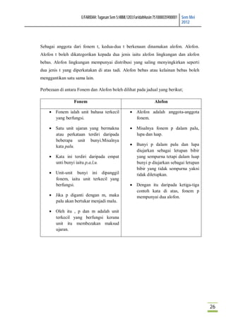 E/FARIDAH: Tugasan Sem 5:HBML1203:FaridahHusin:751008035900001 Sem Mei
                                                                                    2012




Sebagai anggota dari fonem t, kedua-dua t berkenaan dinamakan alofon. Alofon.
Alofon t boleh dikategorikan kepada dua jenis iaitu alofon lingkungan dan alofon
bebas. Alofon lingkungan mempunyai distribusi yang saling menyingkirkan seperti
dua jenis t yang diperkatakan di atas tadi. Alofon bebas atau kelainan bebas boleh
menggantikan satu sama lain.

Perbezaan di antara Fonem dan Alofon boleh dilihat pada jadual yang berikut;

                 Fonem                                            Alofon

     Fonem ialah unit bahasa terkecil             Alofon adalah anggota-anggota
      yang berfungsi.                               fonem.

     Satu unit ujaran yang bermakna               Misalnya fonem p dalam palu,
      atau perkataan terdiri daripada               lupa dan luap.
      beberapa unit bunyi.Misalnya
      kata palu.                                   Bunyi p dalam palu dan lupa
                                                    diujarkan sebagai letupan bibir
     Kata ini terdiri daripada empat               yang sempurna tetapi dalam luap
      unti bunyi iaitu p,a,l,u.                     bunyi p diujarkan sebagai letupan
                                                    bibir yang tidak sempurna yakni
     Unit-unit bunyi ini dipanggil                 tidak diletupkan.
      fonem, iaitu unit terkecil yang
      berfungsi.                                   Dengan itu daripada ketiga-tiga
                                                    contoh kata di atas, fonem p
     Jika p diganti dengan m, maka                 mempunyai dua alofon.
      palu akan bertukar menjadi malu.

     Oleh itu , p dan m adalah unit
      terkecil yang berfungsi kerana
      unit itu membezakan maksud
      ujaran.




                                                                                              26
 