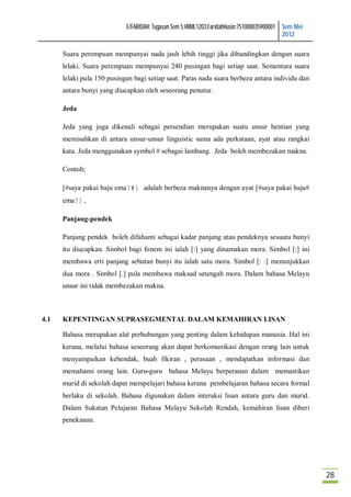 E/FARIDAH: Tugasan Sem 5:HBML1203:FaridahHusin:751008035900001 Sem Mei
                                                                                           2012

      Suara perempuan mempunyai nada jauh lebih tinggi jika dibandingkan dengan suara
      lelaki. Suara perempuan mempunyai 240 pusingan bagi setiap saat. Sementara suara
      lelaki pula 150 pusingan bagi setiap saat. Paras nada suara berbeza antara individu dan
      antara bunyi yang diucapkan oleh seseorang penutur.

      Jeda

      Jeda yang juga dikenali sebagai persendian merupakan suatu unsur hentian yang
      memisahkan di antara unsur-unsur linguistic sama ada perkataan, ayat atau rangkai
      kata. Jeda menggunakan symbol # sebagai lambang. Jeda boleh membezakan makna.

      Contoh;

      [#saya pakai baju ema?#] adalah berbeza maknanya dengan ayat [#saya pakai baju#
      ema?].

      Panjang-pendek

      Panjang pendek boleh difahami sebagai kadar panjang atau pendeknya sesuatu bunyi
      itu diucapkan. Simbol bagi fonem ini ialah [:] yang dinamakan mora. Simbol [:] ini
      membawa erti panjang sebutan bunyi itu ialah satu mora. Simbol [: :] menunjukkan
      dua mora . Simbol [.] pula membawa maksud setengah mora. Dalam bahasa Melayu
      unsur ini tidak membezakan makna.



4.1   KEPENTINGAN SUPRASEGMENTAL DALAM KEMAHIRAN LISAN

      Bahasa merupakan alat perhubungan yang penting dalam kehidupan manusia. Hal ini
      kerana, melalui bahasa seseorang akan dapat berkomunikasi dengan orang lain untuk
      menyampaikan kehendak, buah fikiran , perasaan , mendapatkan informasi dan
      memahami orang lain. Guru-guru bahasa Melayu berperanan dalam memastikan
      murid di sekolah dapat mempelajari bahasa kerana pembelajaran bahasa secara formal
      berlaku di sekolah. Bahasa digunakan dalam interaksi lisan antara guru dan murid.
      Dalam Sukatan Pelajaran Bahasa Melayu Sekolah Rendah, kemahiran lisan diberi
      penekanan.




                                                                                                     28
 