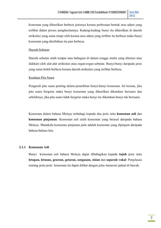 E/FARIDAH: Tugasan Sem 5:HBML1203:FaridahHusin:751008035900001 Sem Mei
                                                                                           2012

      konsonan yang dihasilkan berbeza jenisnya kerana perbezaan bentuk arus udara yang
      terlibat dalam proses penghasilannya. Kadang-kadang bunyi itu dihasilkan di daerah
      artikulasi yang sama tetapi oleh kerana arus udara yang terlibat itu berbeza maka bunyi
      konsonan yang diterbitkan itu pun berbeza.

      Daerah Sebutan

      Daerah sebutan ialah tempat atau bahagian di dalam rongga mulut yang ditemui atau
      didekati oleh alat-alat artikulasi atau organ-organ sebutan. Bunyi-bunyi daripada jenis
      yang sama boleh berbeza kerana daerah artikulasi yang terlibat berbeza.

      Keadaan Pita Suara

      Pengaruh pita suara penting dalam penerbitan bunyi-bunyi konsonan. Ini kerana, jika
      pita suara bergetar maka bunyi konsonan yang dihasilkan dikatakan bersuara dan
      sebaliknya, jika pita suara tidak bergetar maka bunyi itu dikatakan bunyi tak bersuara.




      Konsonan dalam bahasa Melayu terbahagi kepada dua jenis iaitu konsonan asli dan
      konsonan pinjaman. Konsonan asli ialah konsonan yang berasal daripada bahasa
      Melayu. Manakala konsonan pinjaman pula adalah konsonan yang dipinjam daripada
      bahasa-bahasa lain.




2.1.1 Konsonan Asli

      Bunyi konsonan asli bahasa Melayu dapat dibahagikan kepada tujuh jenis iaitu
      letupan, letusan, geseran, getaran, sengauan, sisian dan separuh vokal. Penjelasan
      tentang jenis-jenis konsonan ini dapat dilihat dengan jelas menerusi jadual di bawah.




                                                                                                     7
 