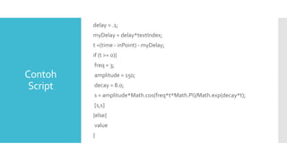 Contoh
Script
delay = .1;
myDelay = delay*textIndex;
t =(time - inPoint) - myDelay;
if (t >= 0){
freq = 3;
amplitude = 150;
decay = 8.0;
s = amplitude*Math.cos(freq*t*Math.PI)/Math.exp(decay*t);
[s,s]
}else{
value
}
 