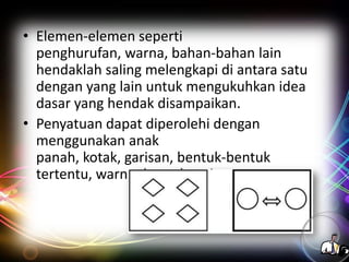 • Elemen-elemen seperti
penghurufan, warna, bahan-bahan lain
hendaklah saling melengkapi di antara satu
dengan yang lain untuk mengukuhkan idea
dasar yang hendak disampaikan.
• Penyatuan dapat diperolehi dengan
menggunakan anak
panah, kotak, garisan, bentuk-bentuk
tertentu, warna dan sebagainya.

 