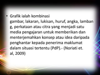 • Grafik ialah kombinasi
gambar, lakaran, lukisan, huruf, angka, lamban
g, perkataan atau citra yang menjadi satu
media pengajaran untuk memberikan dan
menterjemahkan konsep atau idea daripada
penghantar kepada penerima maklumat
dalam situasi tertentu (PdP).- (Noriati et.
al, 2009)

 