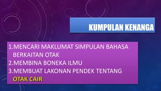 KUMPULAN KENANGA
1.MENCARI MAKLUMAT SIMPULAN BAHASA
BERKAITAN OTAK
2.MEMBINA BONEKA ILMU
3.MEMBUAT LAKONAN PENDEK TENTANG
 
