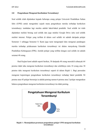 KPF 3012

2.0

TUGASAN BERKUMPULAN

Pengetahuan Mengenai Kurikulum Tersembunyi

Soal selidik telah dijalankan kepada beberapa orang pelajar Universiti Pendidikan Sultan
Idris (UPSI) untuk mengetahui sejauh mana pengetahuan mereka terhadap kurikulum
tersembunyi, tambahan lagi mereka adalah bakal-bakal pendidik. Soal selidik ini telah
dijalankan melalui borang soal selidik dan juga melalui Google Drive iaitu soal selidik
melalui internet. Pelajar yang terlibat di dalam soal selidik ini adalah daripada pelajar
Semester 1 sehingga Semester 8. Kami juga turut mengumpul data mengenai pandangan
mereka terhadap pelaksanaan kurikulum tersembunyi ini dalam menyokong Falsafah
Pendidikan Kebangsaan (FPK). Jumlah pelajar yang terlibat dengan soal selidik ini adalah
seramai 48 orang.
Hasil kajian kami adalah seperti berikut, 30 daripada 48 orang mewakili sebanyak 64
peratus tidak tahu mengenai kurikulum tersembunyi dan selebihnya iaitu 18 orang atau 38
peratus tahu mengenai kurikulum tersembunyi seperti di dalam Rajah 1. Bagi persoalan
mengenai kepentingan pengetahuan kurikulum tersembunyi terhadap bakal pendidik 94
peratus atau 45 pelajar bersetuju ia adalah penting namun 6 peratus atau 3 pelajar mengatakan
bahawa pengetahuan mengenai kurikulum tersembunyi itu tidak penting.

Pengetahuan Mengenai Kurikulum
Tersembunyi
Tidak Tahu
38%

Tahu
62%

Rajah 1 : Menunjukkan peratusan pengetahuan pelajar UPSI mengenai kurikulum
tersembunyi
3

 