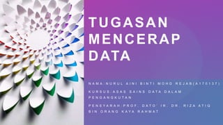 TUGASAN
MENCERAP
DATA
N A M A : N U R U L A I N I B I N T I M O H D R E J A B ( A 1 7 0 1 3 7 )
K U R S U S : A S A S S A I N S D A T A D A L A M
P E N G A N G K U T A N
P E N S Y A R A H : P R O F . D A T O ’ I R . D R . R I Z A A T I Q
B I N O R A N G K A Y A R A H M A T
 