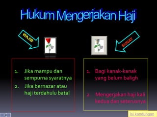 1. Jika mampu dan         1. Bagi kanak-kanak
   sempurna syaratnya        yang belum baligh
2. Jika bernazar atau
   haji terdahulu batal   2. Mengerjakan haji kali
                             kedua dan seterusnya

                                           Isi kandungan
 