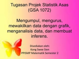 Tugasan Projek Statistik Asas
(GSA 1072)
Mengumpul, mengurus,
mewakilkan data dengan grafik,
menganalisis data, dan membuat
inferens.
Disediakan oleh:
Kong Swee Sien
PPISMP Matematik Semester 2
 