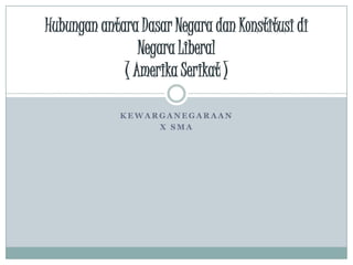 Hubungan antara Dasar Negara dan Konstitusi di
                Negara Liberal
             ( Amerika Serikat )

             KEWARGANEGARAAN
                  X SMA
 