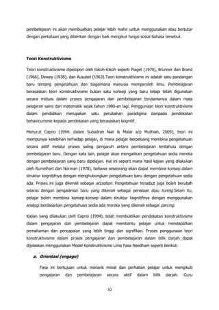 pembelajaran ini akan membuatkan pelajar lebih mahir untuk menggunakan atau bertutur
dengan perkataan yang diberikan dengan baik mengikut fungsi sosial bahasa tersebut.




Teori Konstruktivisme

Teori konstruktivisme dipelopori oleh tokoh-tokoh seperti Piaget (1970), Brunner dan Brand
(1966), Dewey (1938), dan Ausubel (1963).Teori konstruktivisme ini adalah satu pandangan
baru tentang pengetahuan dan bagaimana manusia memperoleh ilmu. Pembelajaran
berasaskan teori konstruktivisme bukan satu konsep yang baru tetapi telah digunakan
secara meluas dalam proses pengajaran dan pembelajaran terutamanya dalam mata
pelajaran sains dan matematik sejak tahun 1980-an lagi. Penggunaan teori konstruktivisme
dalam    pendidikan   merupakan    satu    perubahan     paradigma     daripada    pendekatan
behaviourisme kepada pendekatan yang berasaskan kognitif.

Menurut Caprio (1994: dalam Subadrah Nair & Malar a/p Muthiah, 2005), teori ini
mempunyai kelebihan terhadap pelajar, di mana pelajar berpeluang membina pengetahuan
secara aktif melalui proses saling pengaruh antara pembelajaran terdahulu dengan
pembelajaran baru. Dengan kata lain, pelajar akan mengaitkan pengetahuan sedia mereka
dengan pembelajaran yang baru dipelajari. Hal ini seperti mana hasil kajian yang dilakukan
oleh Rumelhart dan Norman (1978), bahawa seseorang akan dapat membina konsep dalam
struktur kognitifnya dengan menghubungkan pengetahuan baru dengan pengetahuan sedia
ada. Proses ini juga dikenali sebagai accretion. Pengetahuan tersebut juga boleh berubah
selaras dengan pengalaman baru yang dikenali sebagai penalaan atau tuning.Selain itu,
pelajar boleh membina konsep-konsep dalam struktur kognitifnya dengan menggunakan
analogi berdasarkan pengetahuan sedia ada mereka yang dikenali sebagai parcing.

Kajian yang dilakukan oleh Caprio (1994), telah membuktikan pendekatan konstruktivisme
dalam pengajaran dan pembelajaran dapat membantu pelajar untuk mendapatkan
pemahaman dan pencapaian yang lebih tinggi dan signifikan. Proses penggunaan teori
konstruktivisme dalam proses pengajaran dan pembelajaran dalam bilik darjah dapat
dijelaskan menggunakan Model Konstruktivisme Lima Fasa Needham seperti berikut:

   a. Orientasi (engage)

        Fasa ini bertujuan untuk menarik minat dan perhatian pelajar untuk mengikuti
        pengajaran    dan   pembelajaran    secara     aktif   dalam    bilik   darjah.   Guru


                                            10
 