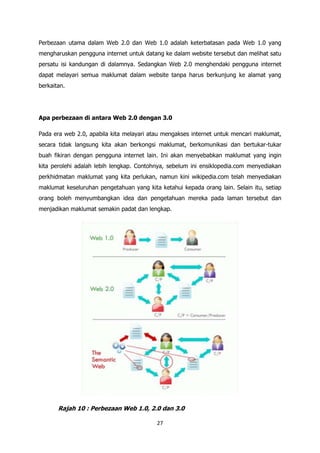 Perbezaan utama dalam Web 2.0 dan Web 1.0 adalah keterbatasan pada Web 1.0 yang
mengharuskan pengguna internet untuk datang ke dalam website tersebut dan melihat satu
persatu isi kandungan di dalamnya. Sedangkan Web 2.0 menghendaki pengguna internet
dapat melayari semua maklumat dalam website tanpa harus berkunjung ke alamat yang
berkaitan.




Apa perbezaan di antara Web 2.0 dengan 3.0

Pada era web 2.0, apabila kita melayari atau mengakses internet untuk mencari maklumat,
secara tidak langsung kita akan berkongsi maklumat, berkomunikasi dan bertukar-tukar
buah fikiran dengan pengguna internet lain. Ini akan menyebabkan maklumat yang ingin
kita perolehi adalah lebih lengkap. Contohnya, sebelum ini ensiklopedia.com menyediakan
perkhidmatan maklumat yang kita perlukan, namun kini wikipedia.com telah menyediakan
maklumat keseluruhan pengetahuan yang kita ketahui kepada orang lain. Selain itu, setiap
orang boleh menyumbangkan idea dan pengetahuan mereka pada laman tersebut dan
menjadikan maklumat semakin padat dan lengkap.




       Rajah 10 : Perbezaan Web 1.0, 2.0 dan 3.0

                                          27
 