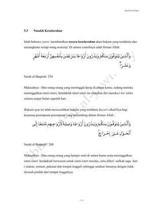 SLQ 3332 Usul Fiqh 2




5.3    Nasakh Keseluruhan


Ialah bahawa syara’ membatalkan secara keseluruhan akan hukum yang terdahulu dan
merangkumi setiap orang mukalaf. Di antara contohnya ialah firman Allah:




Surah al-Baqarah: 234


Maksudnya : Dan orang-orang yang meninggal dunia di antara kamu, sedang mereka
meninggalkan isteri-isteri, hendaklah isteri-isteri itu menahan diri mereka ( ber’idah)
selama empat bulan sepuluh hari.


Hukum ayat ini telah menasakhkan hukum yang terdahuu disyari’atkanNya bagi
kesemua perempuan-perempuan yang terkandung dalam firman Allah :




Surah al-Baqarah : 240


Maksudnya : Dan orang-orang yang hampir mati di antara kamu serta meninggalkan
isteri-isteri hendaklah berwasiat untuk isteri-isteri mereka, iaitu diberi nafkah sagu hati
( makan, minum, pakaian dan tempat tinggal) sehingga setahun lamanya dengan tidak
disuruh pindah dari tempat tinggalnya.




                                            - 11 -
 