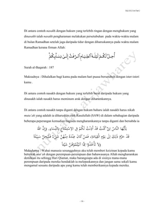 SLQ 3332 Usul Fiqh 2




Di antara contoh nasakh dengan hukum yang terlebih ringan dengan menghukum yang
dinasakh ialah nasakh pengharaman melakukan persetubuhan pada waktu-waktu malam
di bulan Ramadhan setelah jaga daripada tidur dengan diharuskannya pada waktu malam
Ramadhan kerana firman Allah:




Surah al-Baqarah : 187

Maksudnya : Dihalalkan bagi kamu pada malam hari puasa bersetubuh dengan ister-isteri
kamu .


Di antara contoh nasakh dengan hukum yang terlebih berat daripada hukum yang
dinasakh ialah nasakh harus meminum arak dengan diharamkannya.


Di antara contoh nasakh tanpa diganti dengan hukum baharu ialah nasakh harus nikah
muta’ah yang adalah ia diharuskan oleh Rasulullah (SAW) di dalam sebahagian daripada
beberapa peperangan kemudian baginda mengharamkannya tanpa diganti dan bersabda ia

              َ َََّ َِ‫يأيُّهاَالن ََُاِ َََِّكنتَقد َ ََ َََُ َُ ََ ِ َ َِ ََِ ََ َََِِالَِّ َ َ,َو‬
                           ِ
              ‫َّاس ن ُ ُ َأذنت لكم ِفَاالستمتاع ب نساء َإن اهلل‬     ِ
          ‫قد حَّم ذلِك اِل َِم القيامة،َفمن كان عنده م هن شىء ليخل سب له‬
                   َّ ِ                      ِ ِ                     ِ ِ
         َََُ‫ََ ََ ََرََ ََ َََ ََيَوََ َ ََ َ َ َ َ َََ َ ََ ََ َََُ َنَ َُ َََّ َ َ ََفَََُ َ ََ ََِي‬
                                       ًَ‫َوالَََ َ َُو ََِّاَآت يتُموهن ََئ‬
                                        ‫َ تأخذَاَم ُ ُ َّ َشي ا‬     ُ
Maksdunya : Wahai manusia sesungguhnya aku telah memberi keizinan kepada kamu
bernikah mut’ah dengan perempuan-perempuan dan bahawasanya Allah mengharamkan
demikian itu sehingg Hari Qiamat, maka barangsiapa ada di sisinya mana-mana
perempuan daripada mereka hendaklah ia melepaskannya dan jangan sama sekali kamu
mengamal sesuatu daripada apa yang kamu telah memberikannya kepada mereka.




                                                     - 14 -
 