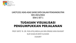 PROF DATO’ IR. DR. RIZA ATIQ ABDULLAH BIN ORANG KAYA RAHMAT
NUR SHAZLIN BINTI SUHAIMI
A181897
TUGASAN VISUALISASI
PENGUMPUKKAN PERJALANAN
LMCP1352 ASAS-ASAS SAINS DATA DALAM PENGANGKUTAN
SESI 2021/2022
SEM 2 SET 1
 