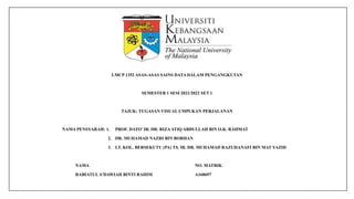 LMCP 1352 ASAS-ASAS SAINS DATA DALAM PENGANGKUTAN
SEMESTER 1 SESI 2021/2022 SET 1
TAJUK: TUGASAN VISUAL UMPUKAN PERJALANAN
NAMA PENSYARAH: 1. PROF. DATO’ IR. DR. RIZAATIQ ABDULLAH BIN O.K. RAHMAT
2. DR. MUHAMAD NAZRI BIN BORHAN
3. LT. KOL. BERSEKUTU (PA) TS. IR. DR. MUHAMAD RAZUHANAFI BIN MAT YAZID
NAMA NO. MATRIK
RABIATULA’DAWIAH BINTI RAHIM A168697
 