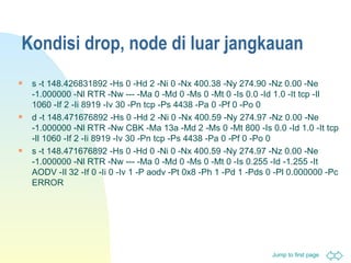 Kondisi drop, node di luar jangkauan s -t 148.426831892 -Hs 0 -Hd 2 -Ni 0 -Nx 400.38 -Ny 274.90 -Nz 0.00 -Ne -1.000000 -Nl RTR -Nw --- -Ma 0 -Md 0 -Ms 0 -Mt 0 -Is 0.0 -Id 1.0 -It tcp -Il 1060 -If 2 -Ii 8919 -Iv 30 -Pn tcp -Ps 4438 -Pa 0 -Pf 0 -Po 0  d -t 148.471676892 -Hs 0 -Hd 2 -Ni 0 -Nx 400.59 -Ny 274.97 -Nz 0.00 -Ne -1.000000 -Nl RTR -Nw CBK -Ma 13a -Md 2 -Ms 0 -Mt 800 -Is 0.0 -Id 1.0 -It tcp -Il 1060 -If 2 -Ii 8919 -Iv 30 -Pn tcp -Ps 4438 -Pa 0 -Pf 0 -Po 0  s -t 148.471676892 -Hs 0 -Hd 0 -Ni 0 -Nx 400.59 -Ny 274.97 -Nz 0.00 -Ne -1.000000 -Nl RTR -Nw --- -Ma 0 -Md 0 -Ms 0 -Mt 0 -Is 0.255 -Id -1.255 -It AODV -Il 32 -If 0 -Ii 0 -Iv 1 -P aodv -Pt 0x8 -Ph 1 -Pd 1 -Pds 0 -Pl 0.000000 -Pc ERROR  