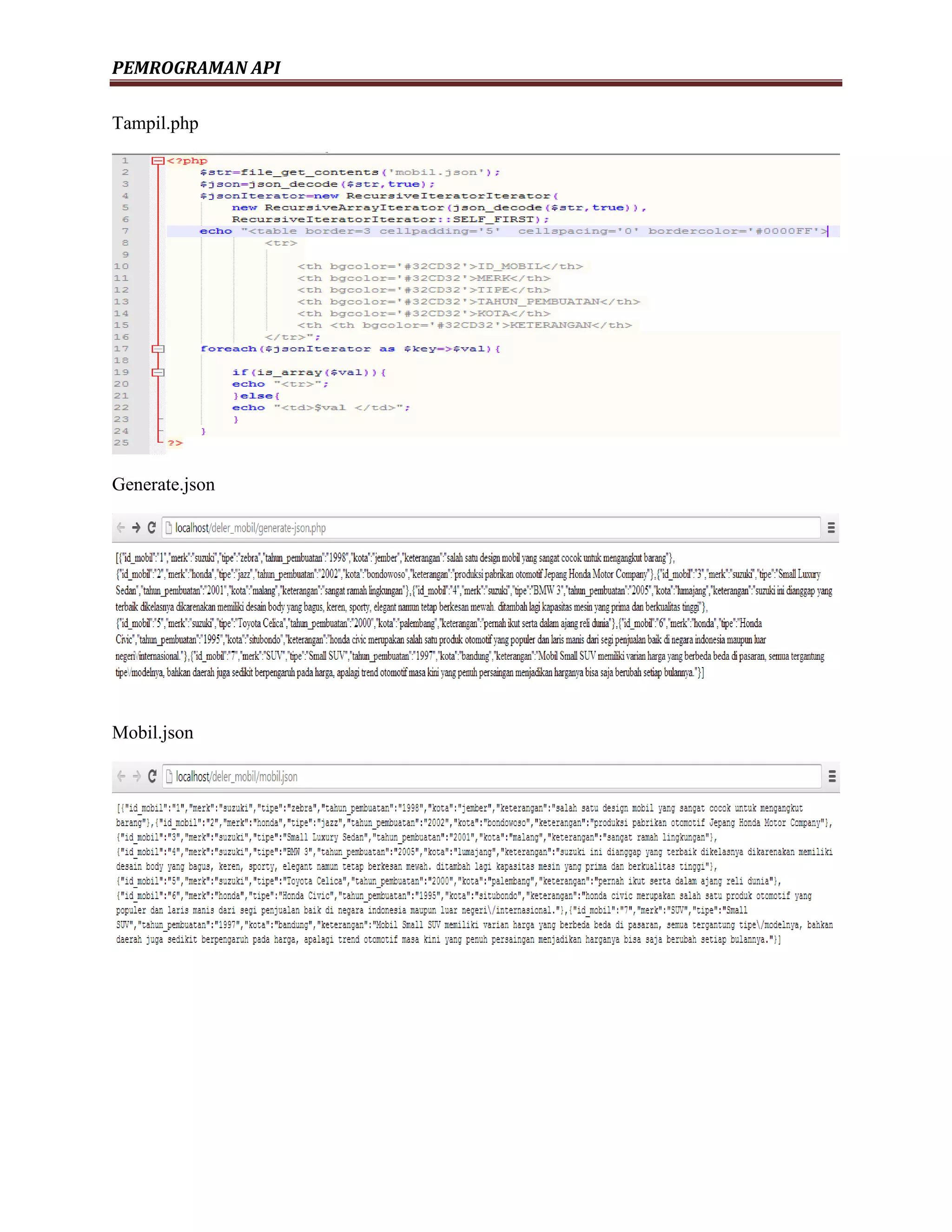 PEMROGRAMAN API
Tampil.php
Generate.json
Mobil.json
 