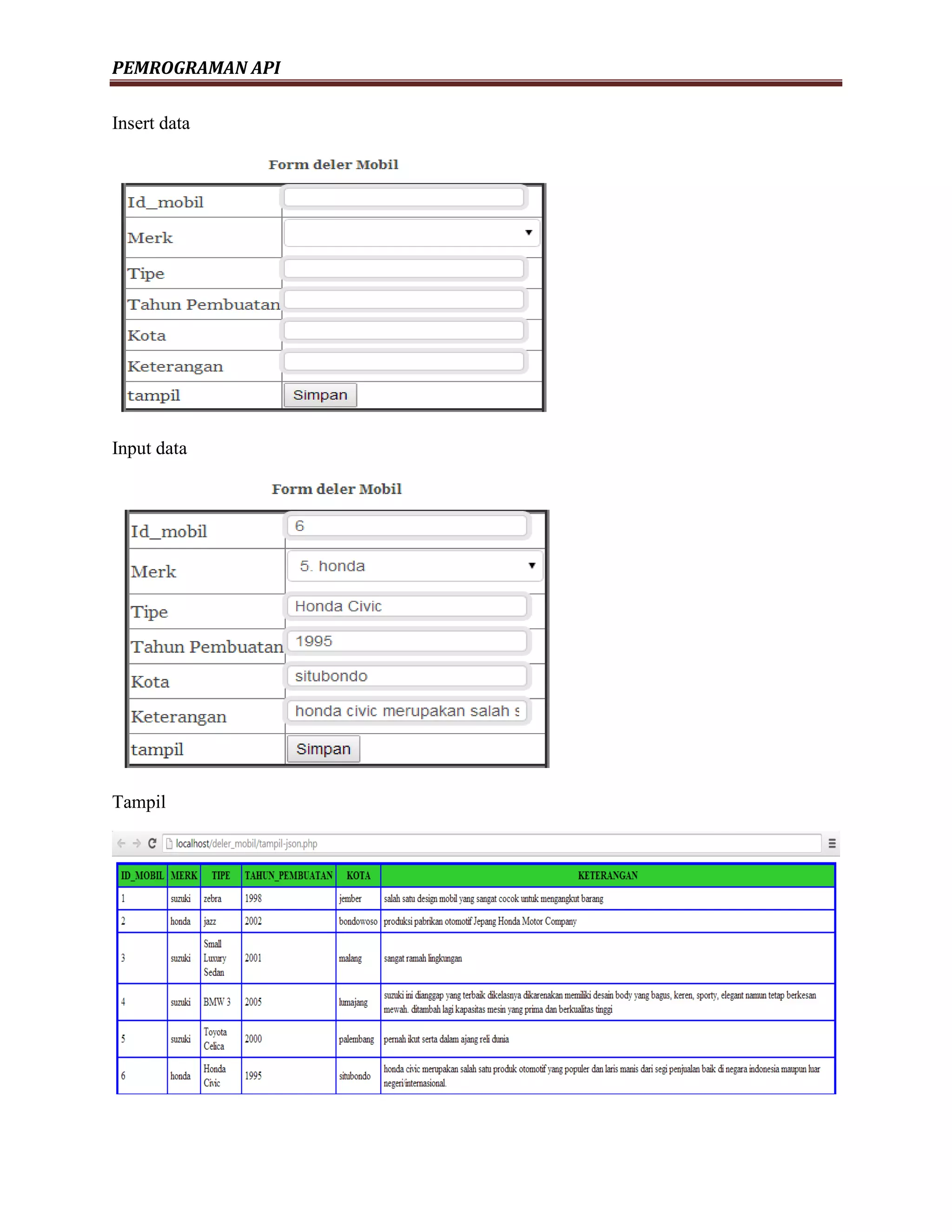 PEMROGRAMAN API
Insert data
Input data
Tampil
 