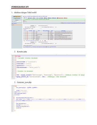 PEMROGRAMAN API
1. database dengan Tabel mobil
2. Koneksi.php
3. Generate_json.php
 