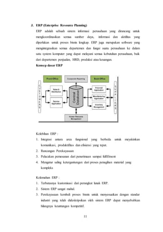 11
J. ERP (Enterprise Resource Planning)
ERP adalah sebuah sistem informasi perusahaan yang dirancang untuk
mengkoordinasikan semua sumber daya, informasi dan aktifitas yang
diperlukan untuk proses bisnis lengkap. ERP juga merupakan software yang
mengintegrasikan semua departemen dan fungsi suatu perusahaan ke dalam
satu system komputer yang dapat melayani semua kebutuhan perusahaan, baik
dari departemen penjualan, HRD, produksi atau keuangan.
Konsep dasar ERP
Kelebihan ERP :
1. Integrasi antara area fungsional yang berbeda untuk meyakinkan
komunikasi, produktifitas dan efisiensi yang tepat.
2. Rancangan Perekayasaan
3. Pelacakan pemesanan dari penerimaan sampai fulfillment
4. Mengatur saling ketergantungan dari proses penagihan material yang
kompleks
Kelemahan ERP :
1. Terbatasnya kustomisasi dari perangkat lunak ERP.
2. Sistem ERP sangat mahal.
3. Perekayasaan kembali proses bisnis untuk menyesuaikan dengan standar
industri yang telah dideskripsikan oleh sistem ERP dapat menyebabkan
hilangnya keuntungan kompetitif.
 